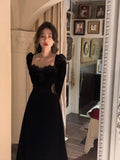 Kukombo 2023 Autumn Slim Black Velvet Dress Casual Elegant Midi Dress Woman Party Long Sleeve Vintage Lace Dress Hoco Dress