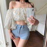 Kukombo Summer Floral Chiffon Shirt Women Fashion Vintage Puff Sleeve Blouse Woman New Cold Shoulder Cropped Tops Female