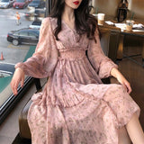 Kukombo Bella Philosophy Clothing Dresses Vestidos Print Korean Style Fashion New Long Sleeve Autumn Chiffon Pink Women