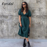 Graduation Gift Big Sale V Neck Waist Cut Out Elastic Cotton Green Dress Lantern Sleeve Backless Maxi Summer Dress Elegant Ladies Long Sundress