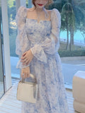 Kukombo Fairy Floral Midi Dress Women Long Sleeve Evening Party Dress Casual Elegant One Piece Dress Korean Fashion 2022 Summer Beach