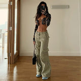 Kukombo Low Rise Cargo Pants Y2k Baggy Trousers Streetwear Women Bottoms Fashion Green Denim Pants Autumn 2022 P67-EE75