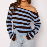 Kukombo Ribbed Knit Women Knitwear Shirt Top Long Sleeve Horizontal Stripe Crochet Pullovers Top Slash Neck Fall Long Sleeve