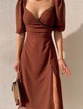 Kukombo High Split Elegant Women Short Sleeve Brown Midi Dresses Summer Party Evening Club Slim Black V Neck Dress