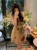 Kukombo Vintage Floral Strap Dress Women Sexy Backless Evening Party Fairy Dress Femme 2022 Spring High Street Korean Beach Casual Dress