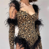 Kukombo Furry Feather Trim Leopard Bodysuit With Gloves Club Outfits For Women Tops Rave Festival Clothing