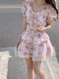 Kukombo 2 Piece Dress Set Women Kawaii Clothing Fashion Suits Floral Y2k Crop Tops + Short Skirts Elegant Blouse Korea Style 2023 Summer