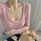 Kukombo  Pink Square Collar Bottoming Sweater T Shirt Women's Autumn Slim Fit Tight Long-Sleeved Pullover With 2022 New Style Tops Shirt