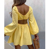 Graduation Gift Big Sale Lantern Sleeve Waist Backless Yellow Summer Spring Beach Dress for Women Solid A-line Femme Dress Vestidos 2023