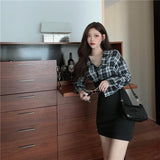 Kukombo QWEEK Korean Style Plaid Dress Shirt Women Kpop Patchwork Bodycon Ladies Long Sleeve Staple Mini Dress Wrap Sexy Woman Clothing