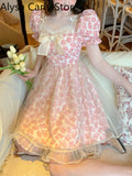 Kukombo 2022 Summer Pink Floral Fairy Dress Women Print Vintage Elegant Princess Party Mini Dress Puff Sleeve Casual Sweet Kawaii Dress K135