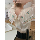 Kukombo  Unique  Sweet Kawaii Square Collar Romantic Floral Plaid  Embroidery Retro Long Sleeve Shirt Blouse Mori Girl