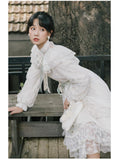 Kukombo Organza Lace Ruffled Shoulder Victorian Long Literary Retro Fairy Dress Robe