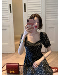 Kukombo Spring French Vintage Midi Dress Women Sweet Puff Sleeve Floral Fairy Dress Female Beach Holiday Evening Party Dress 2022 Summer