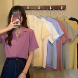 Kukombo 8 Colors Blouse Shirt For Women 2023 Summer Fashion Short Sleeve Notched Casual Office Lady White Shirts Tops Japan Korean Style