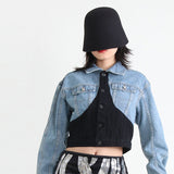 Kukombo French Vintage Denim Jacket 2023 Lapel Splicing Single Breasted Long Sleeve Short Coat Fall Coat