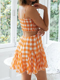 Graduation Gift Big Sale Orange Plaid Print Vintage Women Pleated Trimmed Summer Dress Backless Elastic New 2023 Gingham Mini Beach Dress Boho