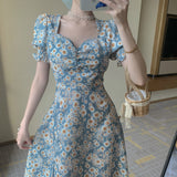 Kukombo Niggeey French Elegant Floral Chiffon Casual Dress Women Vintage Puff Sleeve Side Split Midi Dresses One Piece Dress Korean