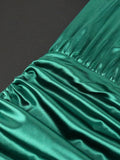 Kukombo Zjkrl Long Sleeve Green Dresses Bodycon Elastic Satin Smocked Midi Dress Elegant Big Size Shiny Evening Christmas Party Church Outfits