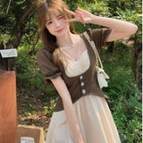 Kukombo 2022 Preppy Style Spring And Summer Sweet Design Fake Two-Piece Puff Sleeve Vest Dress Korean Style Casual Dress Fashion Dress