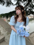 Kukombo  Puff Sleeve Blue Midi Dress Women French Elegant Even Party Dress Female Sweet Fairy One Piece Dress Korean 2022 Summer Chic