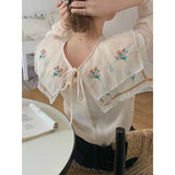 Kukombo  Unique  Sweet Kawaii Square Collar Romantic Floral Plaid  Embroidery Retro Long Sleeve Shirt Blouse Mori Girl