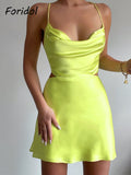 Graduation Gift Big Sale Neon Yellow Swinging Collar Satin Club Mini Dress Backless Sexy Short Spaghetti Strap Sundress Silk Summer Dress