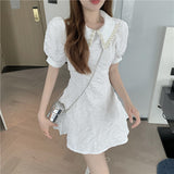 Kukombo Spring Summer French Style Pearl Peter Pan Collar Short-Sleeved Dress 2022 New Sweet And Spicy Slim Slim Solid Elegant Dress