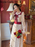 Kukombo Vintage Elegant Floral Dress Women 2022 Spring Flare Sleeve Evening Party Midi Fairy Dress Ladies Korean Patchwork Casual Dress