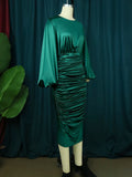 Kukombo Zjkrl Long Sleeve Green Dresses Bodycon Elastic Satin Smocked Midi Dress Elegant Big Size Shiny Evening Christmas Party Church Outfits