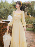 Kukombo Spring Clothing New French Fairy Dresses Women Ruffle Square Collar Elegant High Waist Beaded Bow Sweet Vintage Long Dress