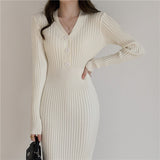 Kukombo Vintage Knitted Sweater Long Sleeve Dresses Women Slim Bodycon Korean Elegant Fall Winter Button V Neck Sweater Midi Woman Dress