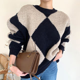 Kukombo Argyle Sweater Patchwork Pullovers 2022 Spring Women Clothing Vintage Knitted Fashion O-Neck Black Casual Long Sleeve