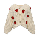 Thanksgiving Gift Strawberry Applique Cardigan Sweater Women's Wool Autumn And Winter Cute Sweet Puff Sleeve V-Neck Knitted Sweater Women 2022 New