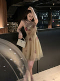 Kukombo Vintage Floral Strap Dress Women Sexy Backless Evening Party Fairy Dress Femme 2022 Spring High Street Korean Beach Casual Dress