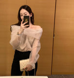 Kukombo Spring Summer New One-Word Neck Off-Shoulder Chiffon Shirt Design Mesh Long-Sleeved Sun Protection Shirt Korean Style Blouse