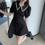 Kukombo Spring Summer French Style Pearl Peter Pan Collar Short-Sleeved Dress 2022 New Sweet And Spicy Slim Slim Solid Elegant Dress