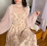 Kukombo Chiffon Lace Strap Dress Women Floral Embroidery Fairy Vintage Long Dress Female Sweet Princess Casual Party Dresses Summer