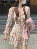 Kukombo 2022 Summer Casual Vintage Floral Dress Women Pink Elegant Ruffles Beach Fairy Dress Female Fashion Korean Evening Party Dresses