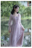 Kukombo Organza Lace Ruffled Shoulder Victorian Long Literary Retro Fairy Dress Robe