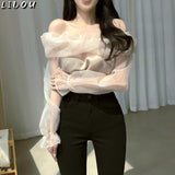 Kukombo Spring Summer New One-Word Neck Off-Shoulder Chiffon Shirt Design Mesh Long-Sleeved Sun Protection Shirt Korean Style Blouse