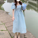 Kukombo  Puff Sleeve Blue Midi Dress Women French Elegant Even Party Dress Female Sweet Fairy One Piece Dress Korean 2022 Summer Chic