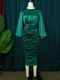 Kukombo Zjkrl Long Sleeve Green Dresses Bodycon Elastic Satin Smocked Midi Dress Elegant Big Size Shiny Evening Christmas Party Church Outfits