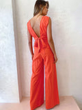 Graduation Gift Big Sale Deep V Neck Backless Bowknot Orange Red Wide Leg Women Casual Cotton Linen Jumpsuit Overalls Femme Summer Sleeveless Long Pants