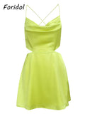 Graduation Gift Big Sale Neon Yellow Swinging Collar Satin Club Mini Dress Backless Sexy Short Spaghetti Strap Sundress Silk Summer Dress