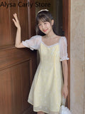 Kukombo Yellow Floral Vintage Dress Women Patchwork Chiffion Puff Sleeve Sweet Fairy Dress Female Elegant Korean Party Dress 2022 Summer