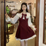 Kukombo  Winter Christmas Lolita Dress Women Patchwork Sweet Party Mini Dress Female Korean Fashion Designer Bow Kawaii Dress 2022 New