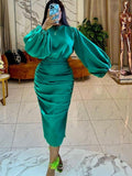 Kukombo Zjkrl Long Sleeve Green Dresses Bodycon Elastic Satin Smocked Midi Dress Elegant Big Size Shiny Evening Christmas Party Church Outfits