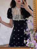 Kukombo  2022 Summer Black Floral Dress Women Casual Short Sleeve Vintage Mini Dress Evening Party Female Elegant One Piece Dress Korean