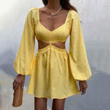 Graduation Gift Big Sale Lantern Sleeve Waist Backless Yellow Summer Spring Beach Dress for Women Solid A-line Femme Dress Vestidos 2023